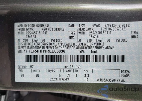 2024 Ford Ranger Xlt из США, поврежденный, VIN 1FTER4HH1RLE66836